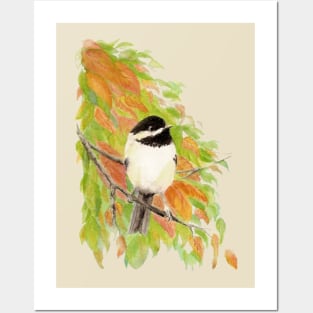 Watercolor Autumn Chickadee Bird Posters and Art